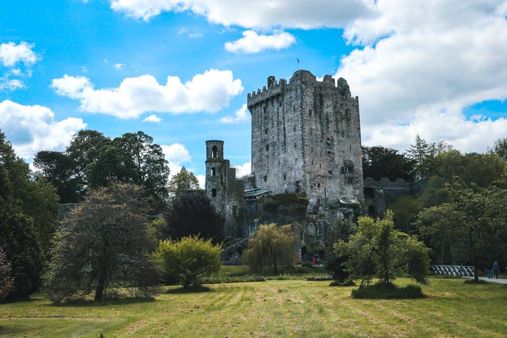 Grassy area with trees leading to an old stone castle 