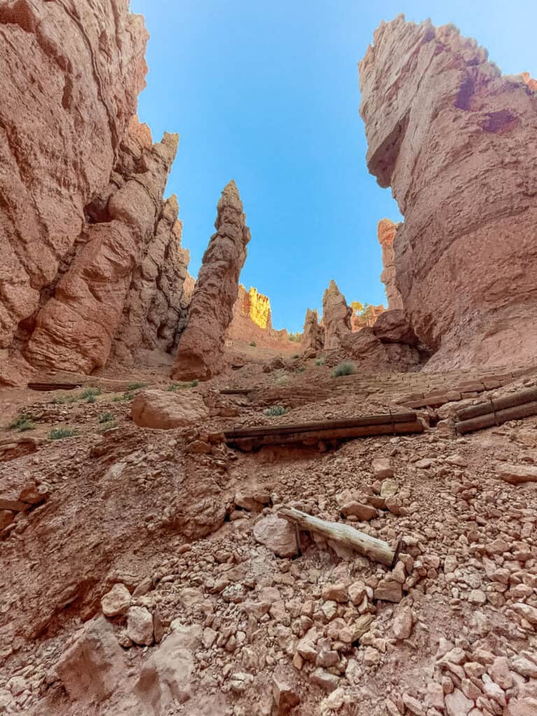 A vertical shot from within a red rock canyon looking upward towards the blue sky, showing the towering rock walls on either side and a rugged trail leading through the canyon floor, scattered with rocks and wooden beams.