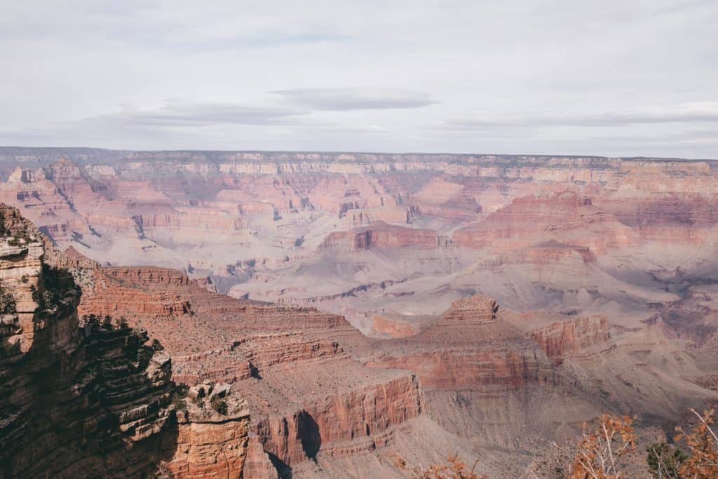 Overhead view of the Grand Canyon with light fog