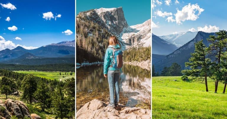 A selection of pictures of Rocky Mountain National Park in spring: a green field with mountains, a girl standing on a rock by a lake, and blue mountains under a cloudy sky.