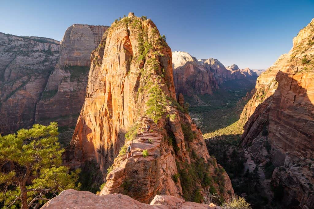 People hiking on a steep trail in a canyon.