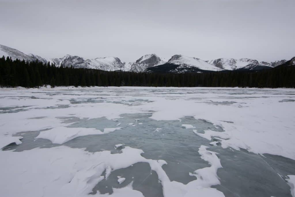 Icy lake with a forest next to it