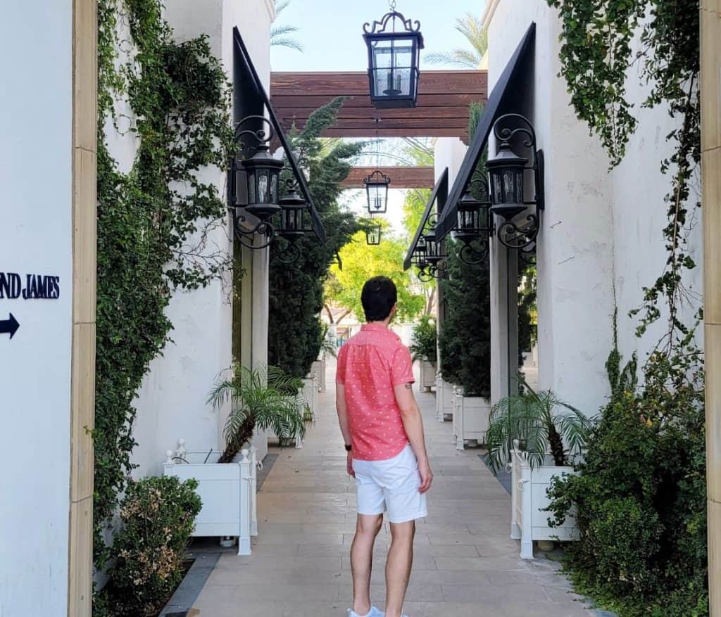 A man walking through a small alley of vine covered walls with lanterns hanging above.