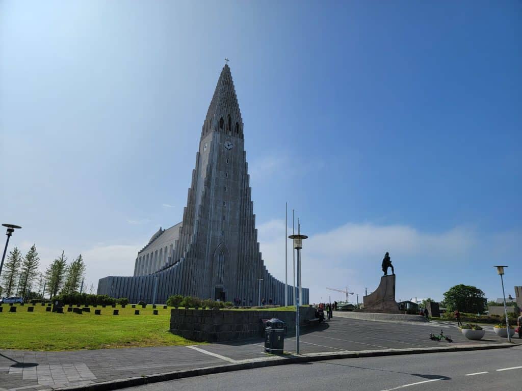 Hallgrímskirkja, a unique styled church with a large tower in the front in Reykjavik. 