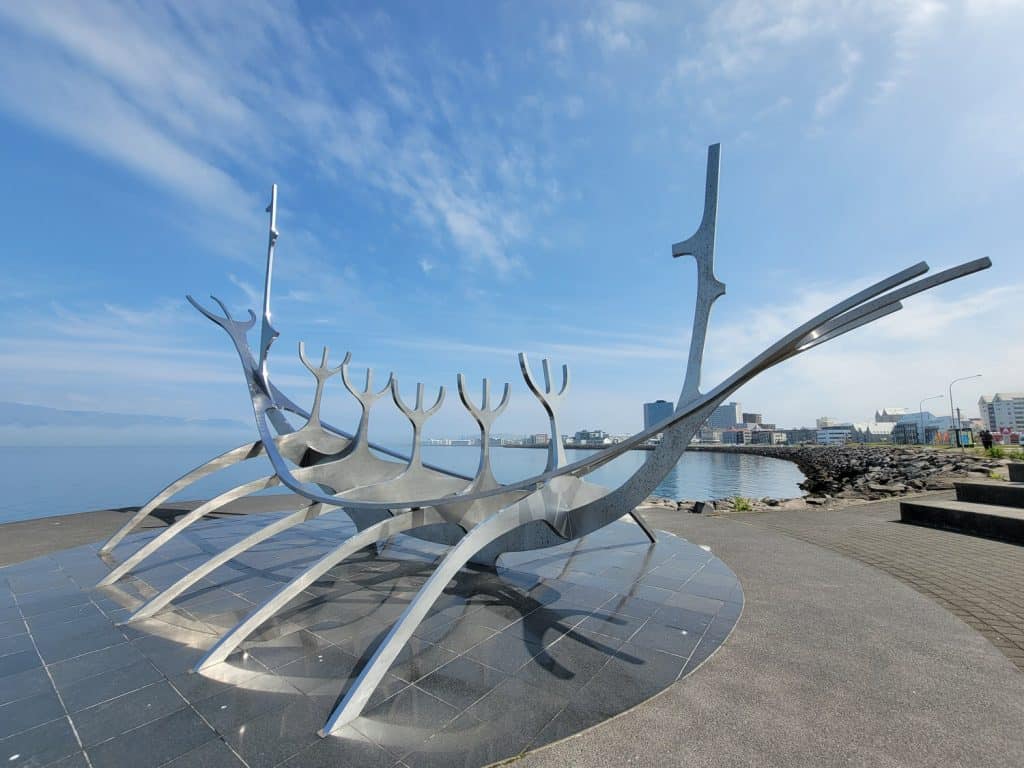 The famous Sun Voyager statue, a metal statue right on the coast of Reykjavik. 