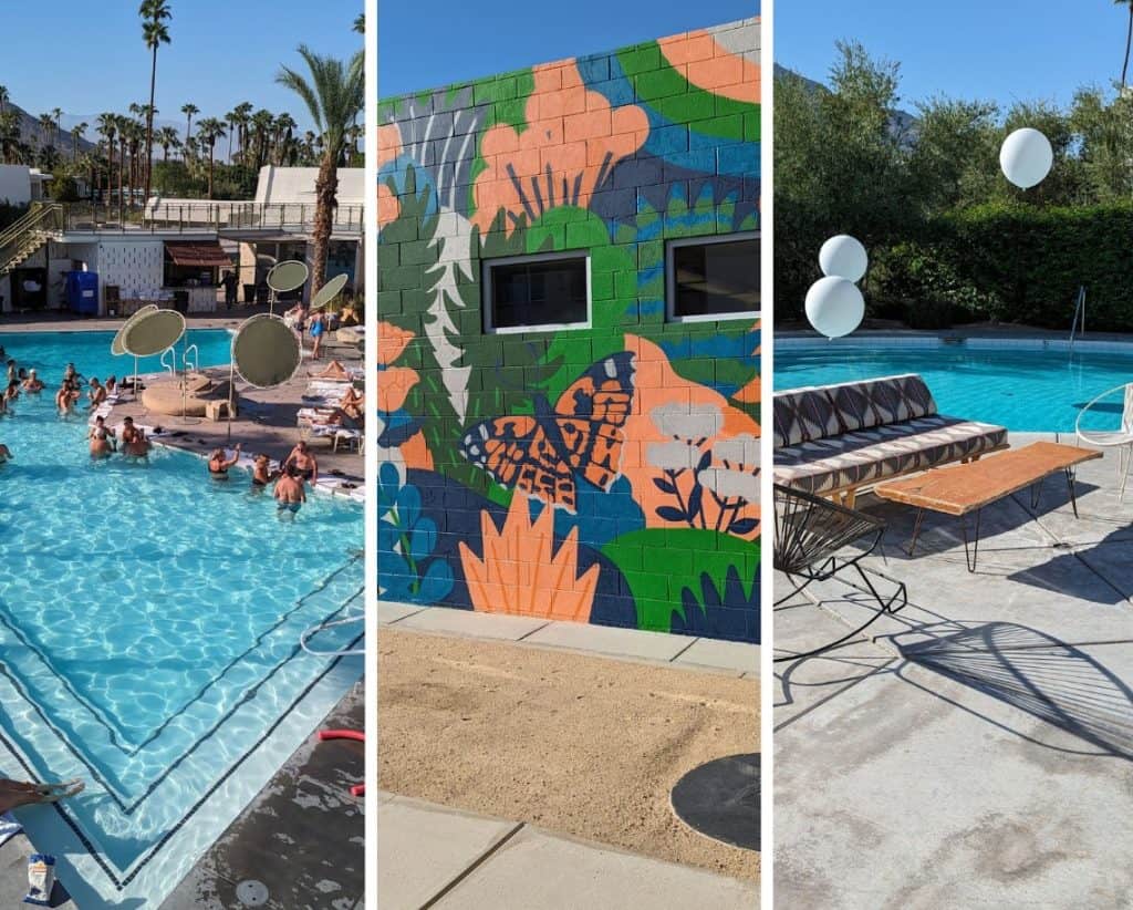 A colorfully painted wall and pool area at a Palm Springs resort.
