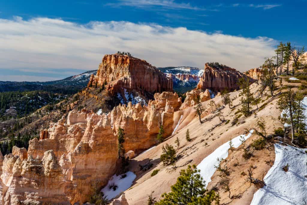 Big orange rock formations with green trees around it.