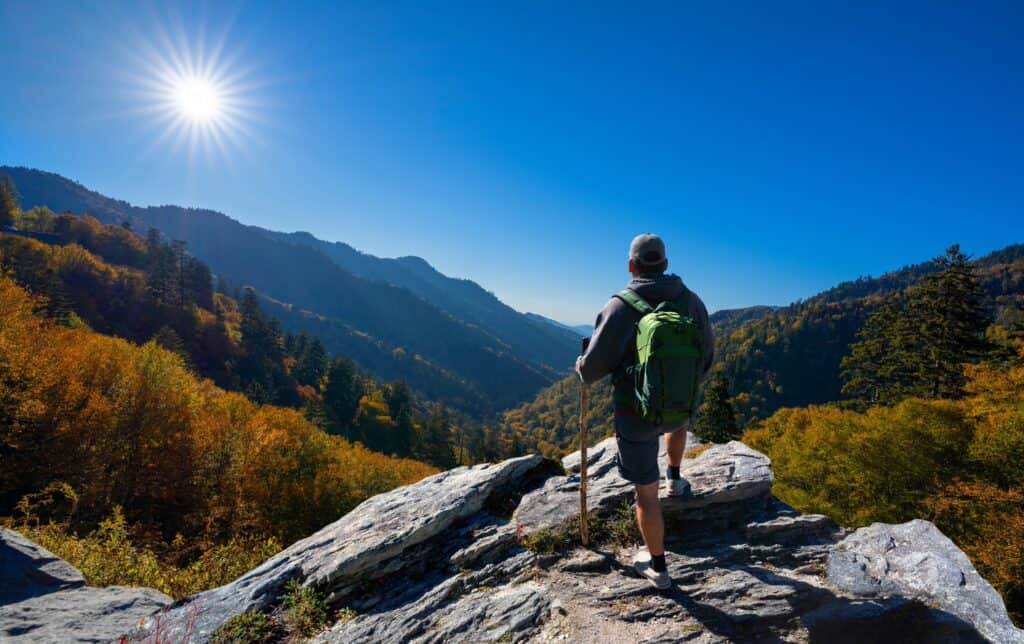 Man looking out at the mountains in Great Smoky Mountains National Park.