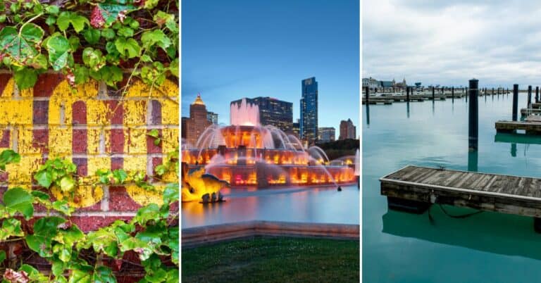 Collage of best photo spots in Chicago with left image of red brick wall with yellow number 400; center image of brightly lit fountain at night; right image of docs at Navy Pier
