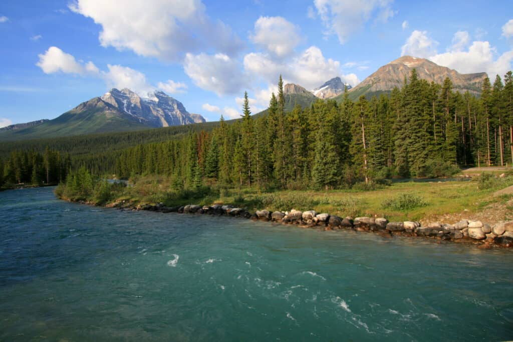 Blue-green water with rocky shoreline and lush green trees with mountains in background