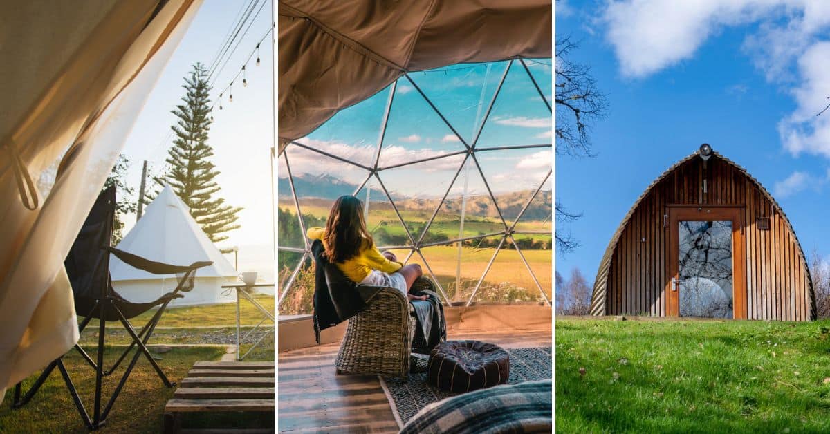 Collage with left image of glamping site at dusk; middle image of person sitting inside geodesic dome tent; right image of wooden ecopod with glass door for the best places to go glamping in Dublin, Ireland