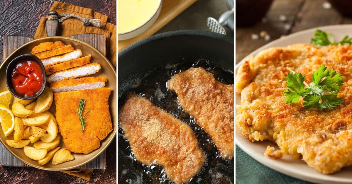 Collage showing the best schnitzel in Vienna with left image of schnitzel and potatoes; middle image of schnitzel frying; right image of schnitzel with garnish