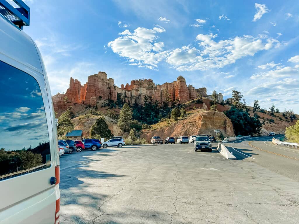 View of the parking lot at the Mossy Cave trail.